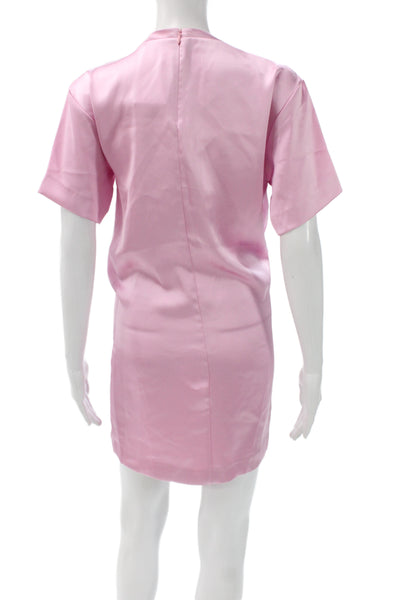 Zara Women Shift Mini Dress Pink Satin Crew Neck Short Sleeve Size XS