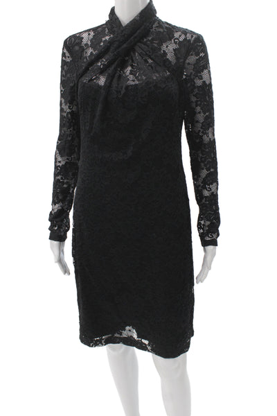 Elie Tahari Women Sheath Dress Black Long Sleeve Floral High Neck Zip Size 4