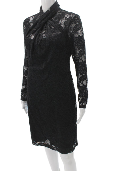 Elie Tahari Women Sheath Dress Black Long Sleeve Floral High Neck Zip Size 4