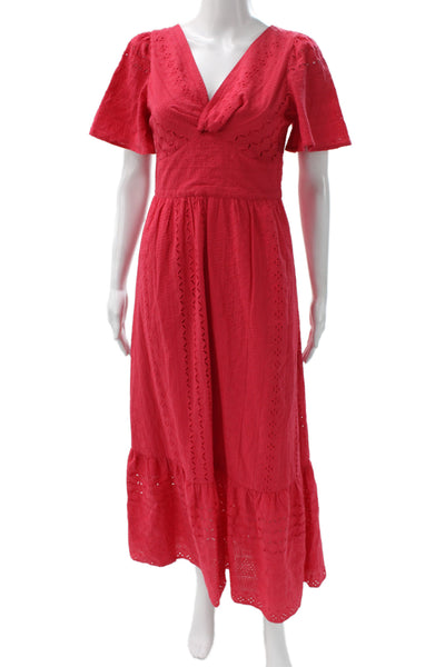 kensie Womens Maxi Dress Red V-Neck Cotton Bohemian Zip Size 2