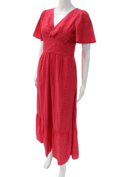 kensie Womens Maxi Dress Red V-Neck Cotton Bohemian Zip Size 2