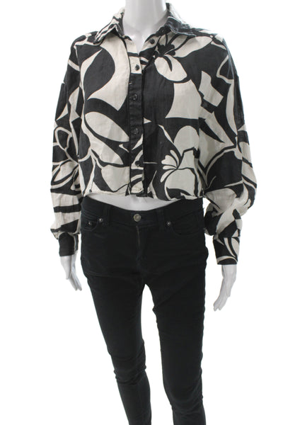 Magaschoni Womens Cropped Linen Button Up Floral Black Long Sleeve Size S