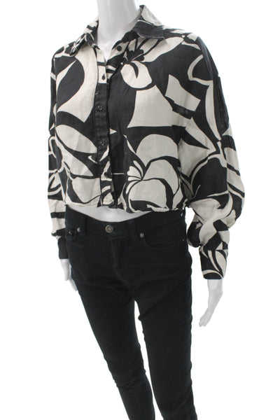 Magaschoni Womens Cropped Linen Button Up Floral Black Long Sleeve Size S