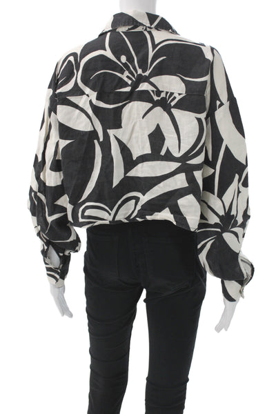 Magaschoni Womens Cropped Linen Button Up Floral Black Long Sleeve Size S