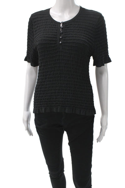 Club Monaco Womens Black Basic Blouse Round Neck Short Sleeve Button Size M