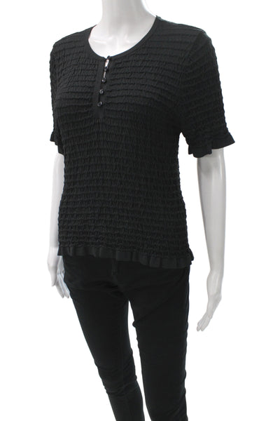 Club Monaco Womens Black Basic Blouse Round Neck Short Sleeve Button Size M