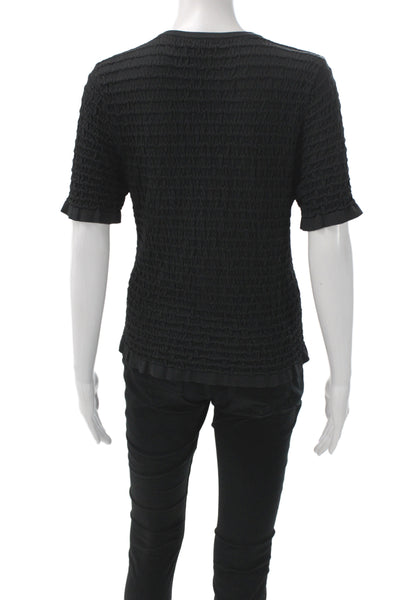 Club Monaco Womens Black Basic Blouse Round Neck Short Sleeve Button Size M