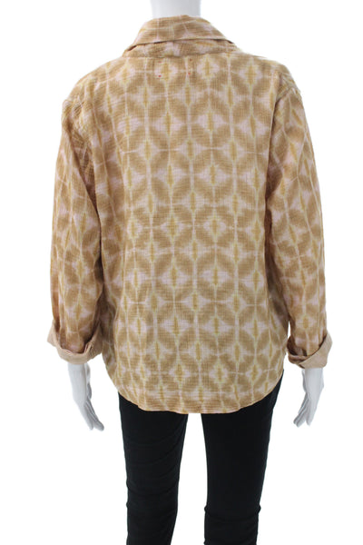 Xirena Women Beige Cotton Collared Geometric Button-Up Long Sleeve Size XS