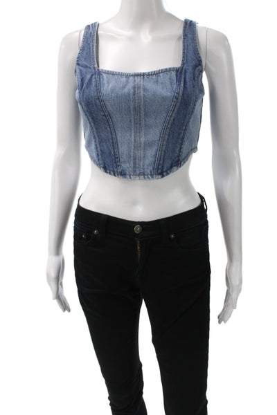 Frame Womens Cropped Denim Tank Sleeveless Square Neck Blue Petite Size XS