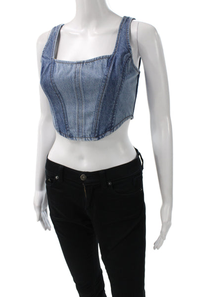 Frame Womens Cropped Denim Tank Sleeveless Square Neck Blue Petite Size XS