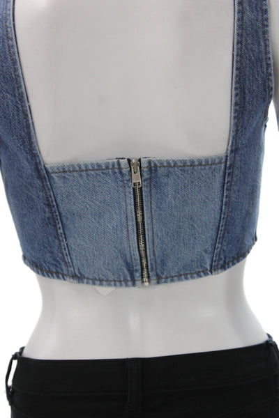 Frame Womens Cropped Denim Tank Sleeveless Square Neck Blue Petite Size XS