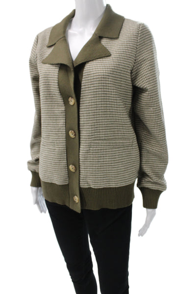 Anthropologie Womens Cardigan Sweater Green Check Collared Long Sleeve Size S