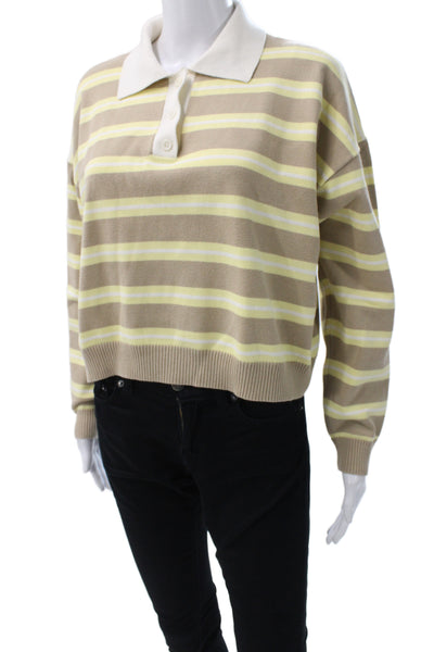 OGD Women Striped Collared Pullover Sweater Beige Long Sleeve Size XS
