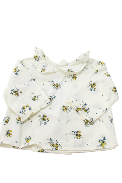 Bonpoint Girls Long Sleeve Ruffled Crew Neck Floral Top White Yellow Size 3M