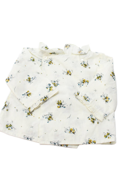 Bonpoint Girls Long Sleeve Ruffled Crew Neck Floral Top White Yellow Size 3M