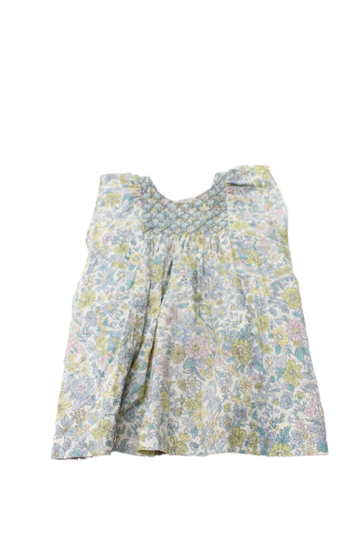 Bonpoint Girls Button Back Sleeveless Crew Neck Floral Top Blue White Size 6M