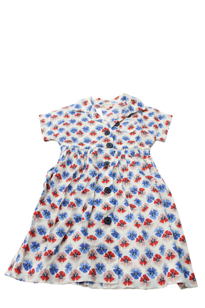 Bonpoint Girls Button Front Short Sleeve V Neck Floral Dress White Red Blue 3T