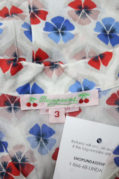 Bonpoint Girls Button Front Short Sleeve V Neck Floral Dress White Red Blue 3T