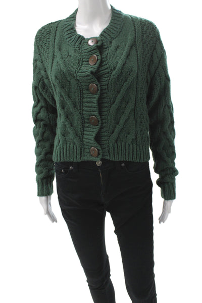 Free People Women Cardigan Geometric Boho Round Neck Long Sleeve Green Size XS