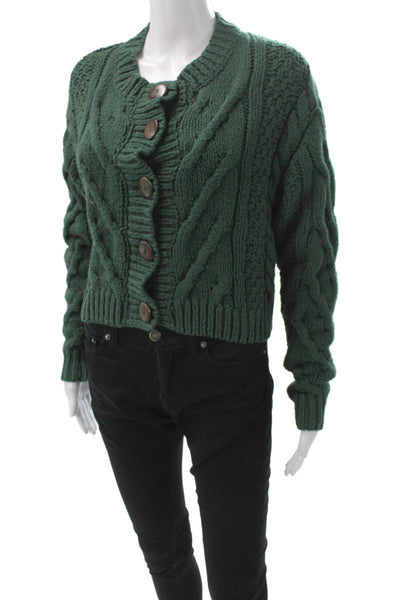 Free People Women Cardigan Geometric Boho Round Neck Long Sleeve Green Size XS