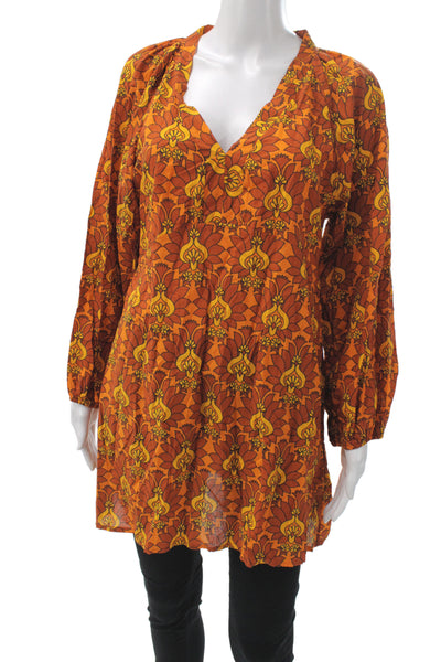 Eywasouls Malibu Women Tunic Blouse V-Neck Floral Orange Long Sleeve Size XS