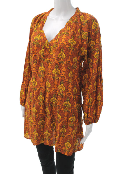Eywasouls Malibu Women Tunic Blouse V-Neck Floral Orange Long Sleeve Size XS