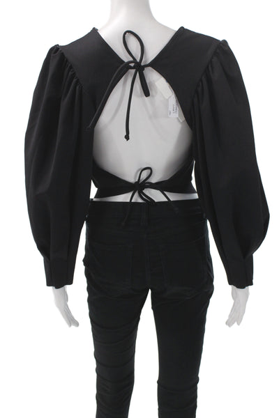 Maygel Coronel Women Cropped Black Blouse Long Sleeve Tie Size One Size