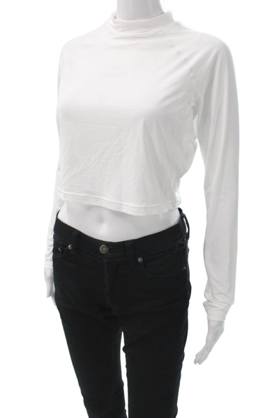 Lands End Women Cropped White Mock Neck Long Sleeve T Shirt Size S