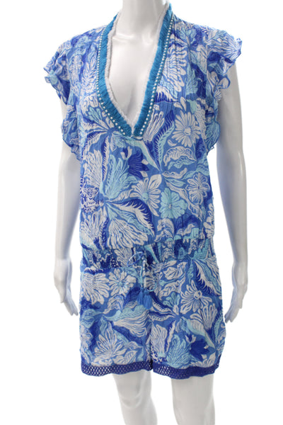 Poupette St. Barth Women Blue Floral V-Neck Sleeveless Romper Size S