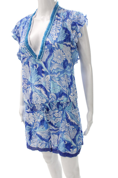 Poupette St. Barth Women Blue Floral V-Neck Sleeveless Romper Size S