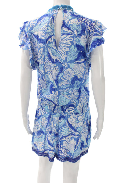 Poupette St. Barth Women Blue Floral V-Neck Sleeveless Romper Size S