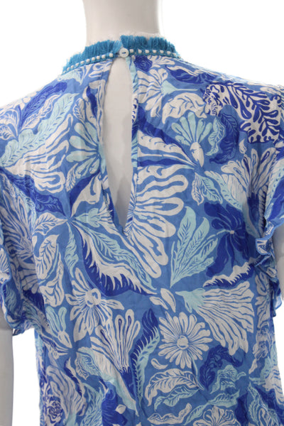 Poupette St. Barth Women Blue Floral V-Neck Sleeveless Romper Size S