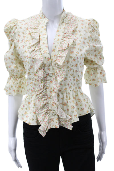 Petersyn Women Beige Floral Cotton High Neck 3/4 Sleeve Button Blouse Size XS
