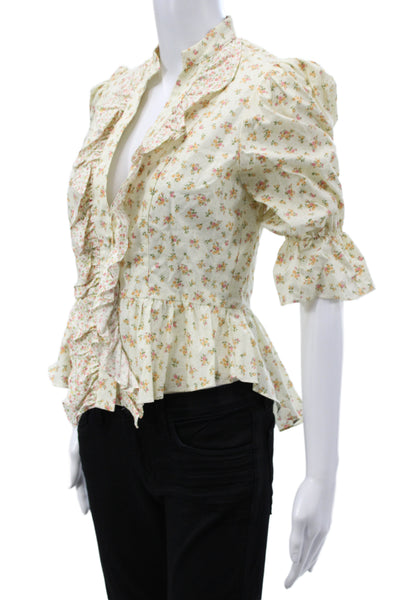 Petersyn Women Beige Floral Cotton High Neck 3/4 Sleeve Button Blouse Size XS