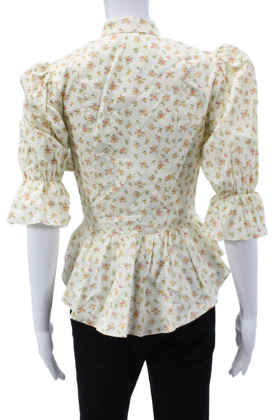 Petersyn Women Beige Floral Cotton High Neck 3/4 Sleeve Button Blouse Size XS