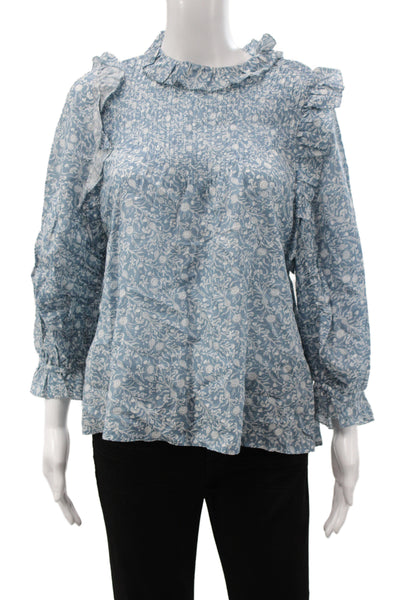 Doen Womens Bohemian Floral High Neck Long Sleeve Blouse Light Blue Size XS