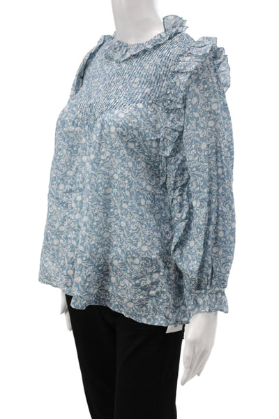Doen Womens Bohemian Floral High Neck Long Sleeve Blouse Light Blue Size XS
