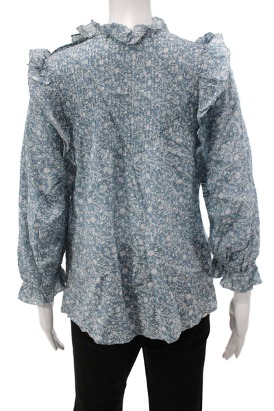 Doen Womens Bohemian Floral High Neck Long Sleeve Blouse Light Blue Size XS