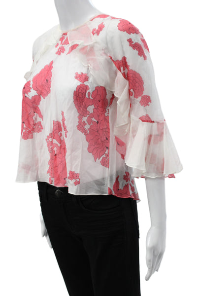 Alice McCall Women Pink Floral Blouse 3/4 Sleeve Crew Neck Silk Cotton Size 4