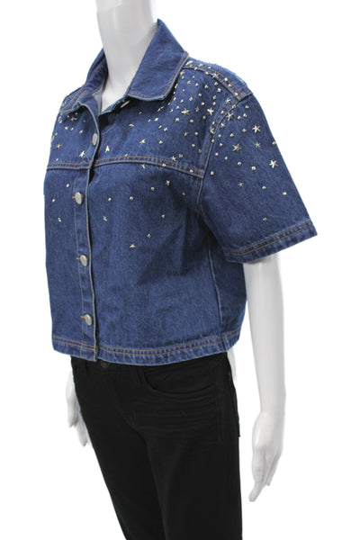 Blank NYC Women Blue Cotton Collared Short Sleeve Stars Button Jacket Size S