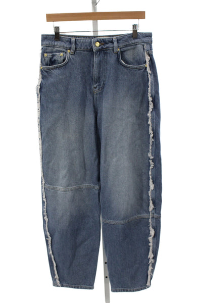 Ganni Women Mom Boyfriend Jeans Blue High Rise Button Organic Cotton Size 27