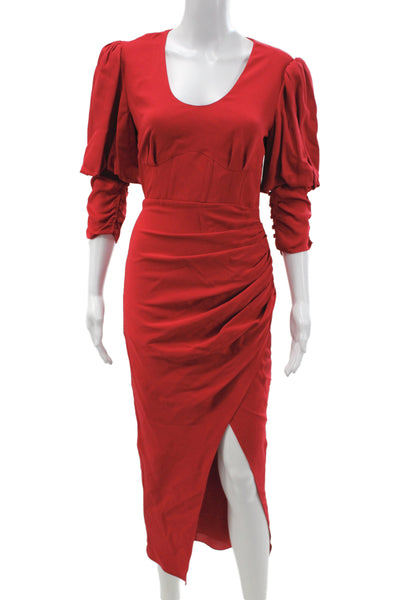 Self Portrait Women Bodycon Dress Red Scoop Neck Long Sleeve Full Length Size 4