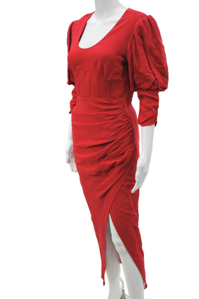 Self Portrait Women Bodycon Dress Red Scoop Neck Long Sleeve Full Length Size 4