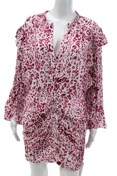 IRO Women Kaftan Shirt Dress Pink Animal Print V-Neck Long Sleeve Size 40