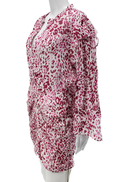 IRO Women Kaftan Shirt Dress Pink Animal Print V-Neck Long Sleeve Size 40