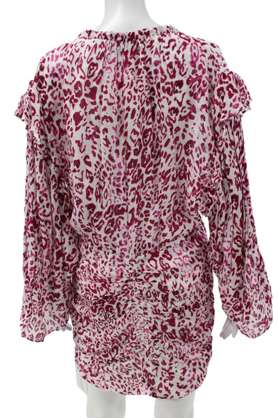 IRO Women Kaftan Shirt Dress Pink Animal Print V-Neck Long Sleeve Size 40