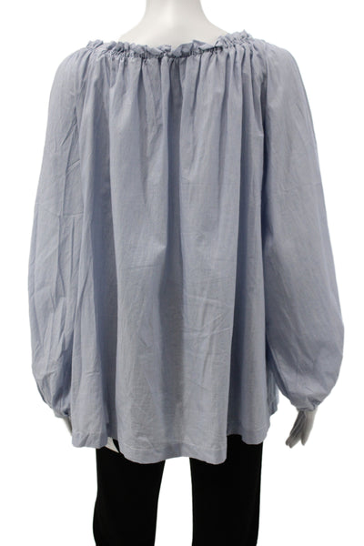 Gold Hawk Women Off Shoulder Striped Tunic Blouse Blue Long Sleeve Size M
