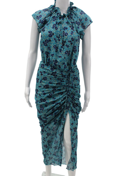 Veronica Beard Womens Maxi Silk Floral Dress Blue Short Sleeve Size 0