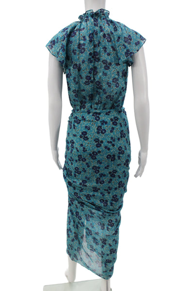 Veronica Beard Womens Maxi Silk Floral Dress Blue Short Sleeve Size 0