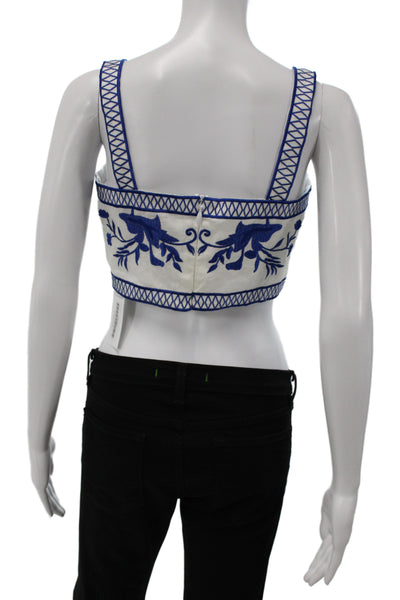 Alexis Womens Blue Linen Cropped Sleeveless Blouse Square Neck Floral Size S